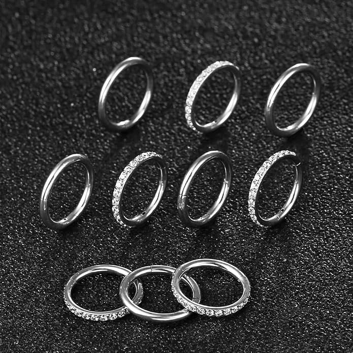 5/10PCS Septum Rings Hoop, 16G/1.2*(6-8-10) mm Surgical Stainless Steel CZ Segment Nose Rings, Cartilage Clicker Hoop Earrings for Rook, Daith, Tragus, Shell pattern Gold Silver
