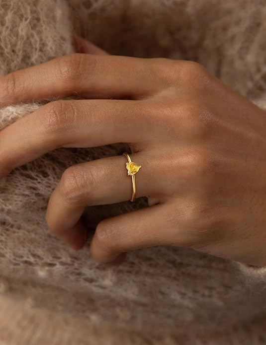 WFYOU Gold Heart Birthstone Rings for Women 14K Gold Plated Non Tarnish Stackable Pinky Cubic Zirconia Rings Emerald Dainty Gemstone Thumb Ring Band Cute Jewelry Birthday Gift Size 5-10