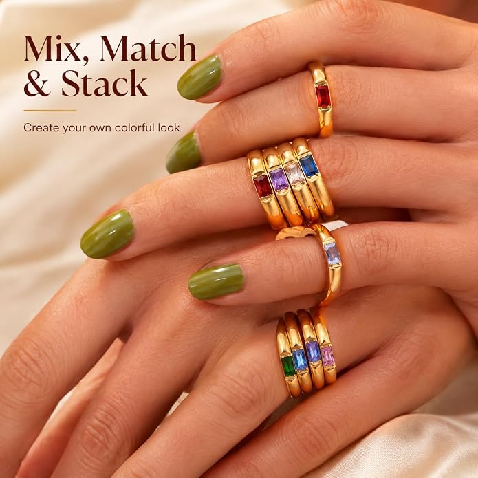 Birthstone Rings for Women, 18K gold plating stainless steel Dainty Stackable Rectangular Cubic Zirconia Birth Stone Ring To My Daughter/Mom Birthday Unique Gifts Jewelry