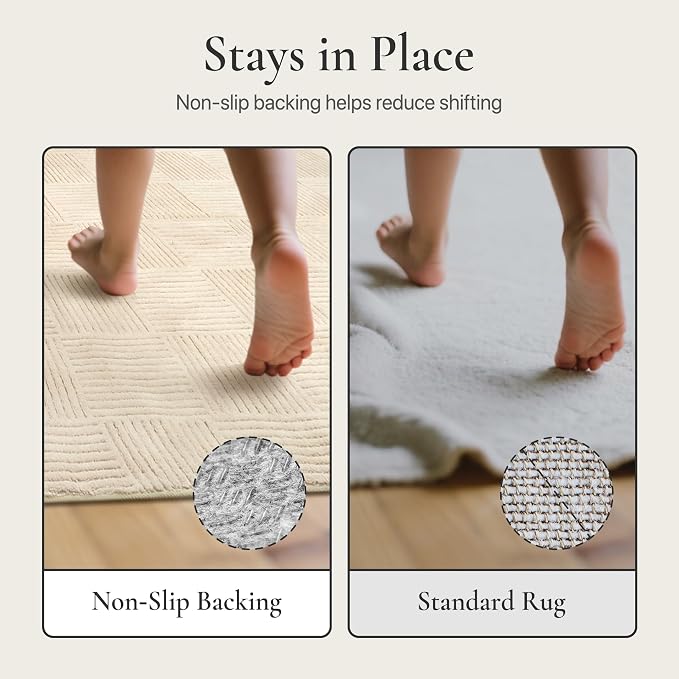 GENIMO Soft Washable Area Rugs 5x7, 3D Modern Grid Design Rugs for Living Room, High-Low Pile Textured Non Slip Fuzzy Shag Carpet, Non-Shedding Stain Resistant Beige Carpet for Bedroom, Dining Room