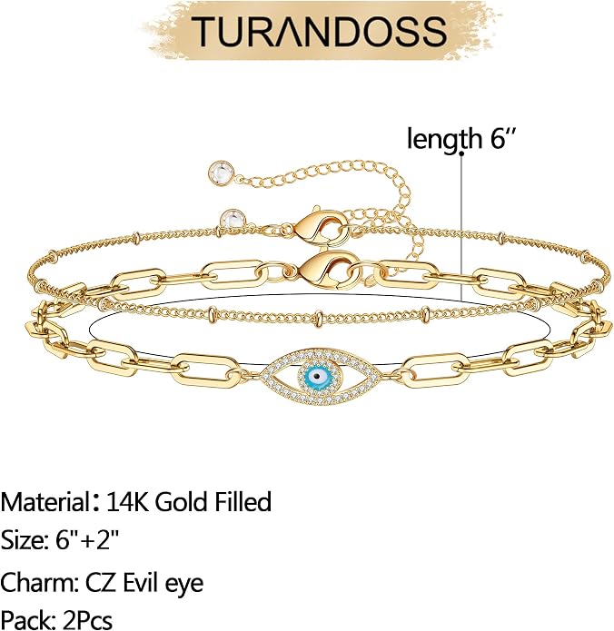 Dainty Gold Bracelets for Women, 14K Gold Plated Adjustable Layered Beads Bracelet Cute Evil Eye Oval Chain Pearl Bar Turtle Gold Bracelets for Women Jewelry