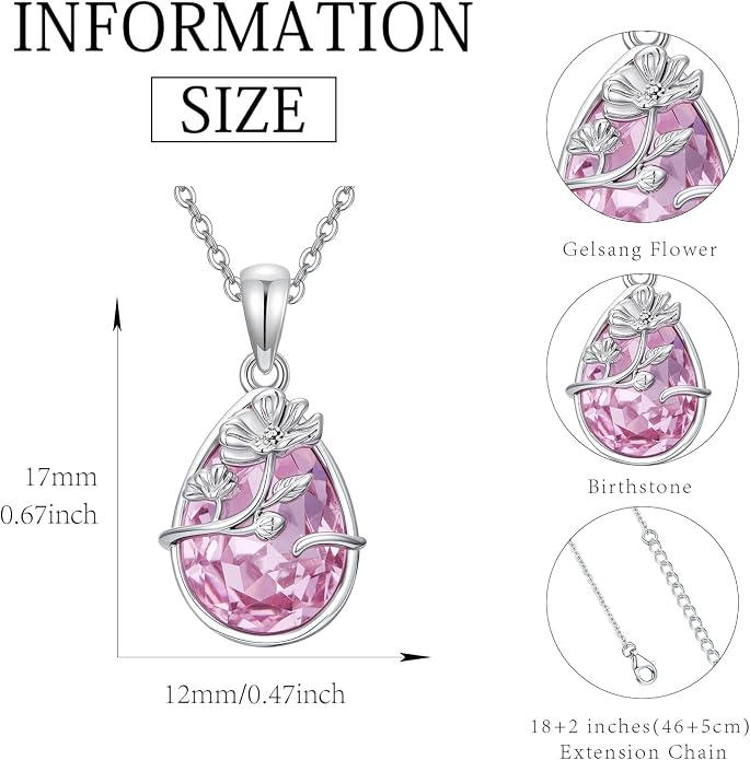 925 Sterling Silver Birth Flower Necklace with Teardrop Shaped Birthstone - 12 Colors, 12 Kinds of Flower - Ideal Birthday Jewelry Gift for Women, Mothers, Daughters & Wives