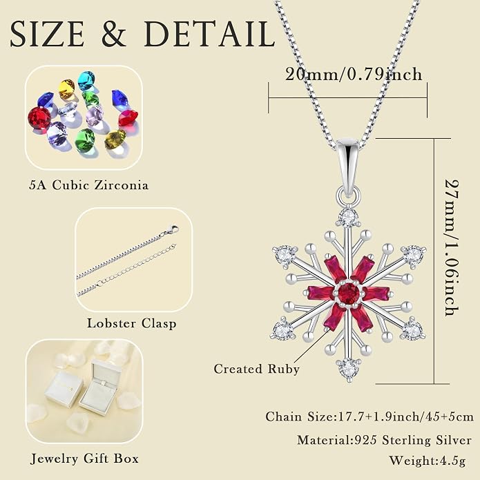 925 Sterling Silver Snowflake Necklace Birthstone Snowflake Pendant Necklaces for Women Cubic Zirconia Christmas Jewelry