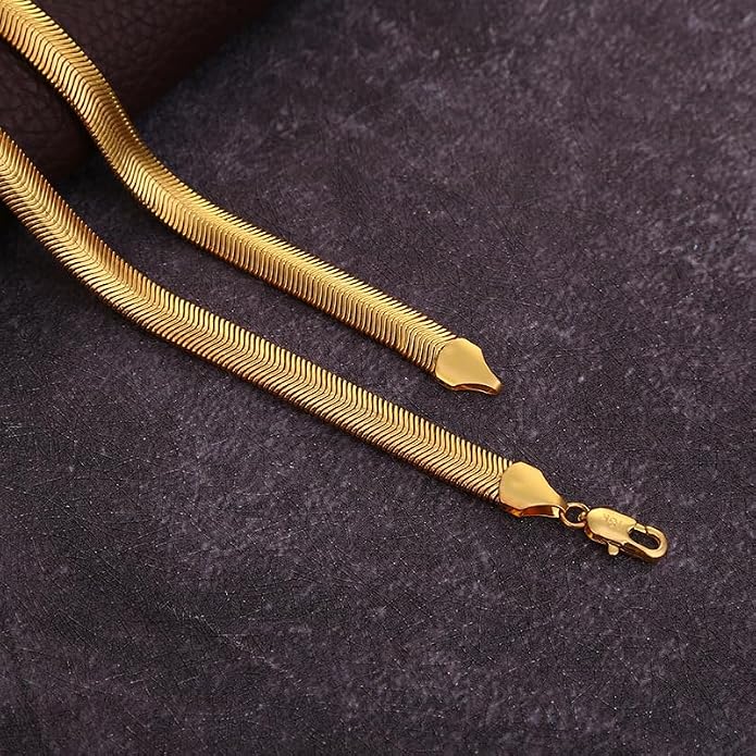 18K Gold Plated Snake Chain Bracelet for Men and Women, 6mm Flat Flexible Chain, Smooth Herringbone Style, Hypoallergenic Jewelry for Daily Wear, Minimalist Gift
