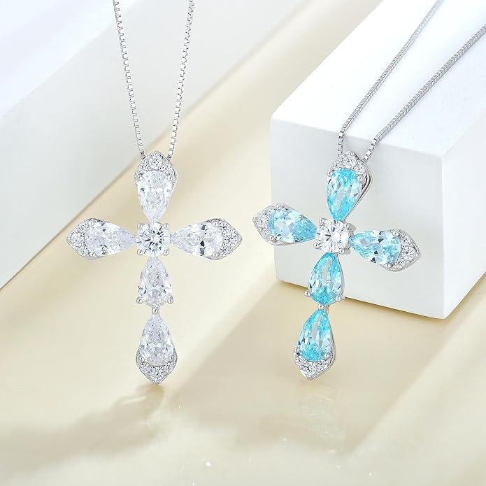 STARCHENIE Sterling Silver Cross Necklace for Women Crucifix Pendant with Birthstone Dainty Religious Jewelry Gift for Her, 18 Inch Chain