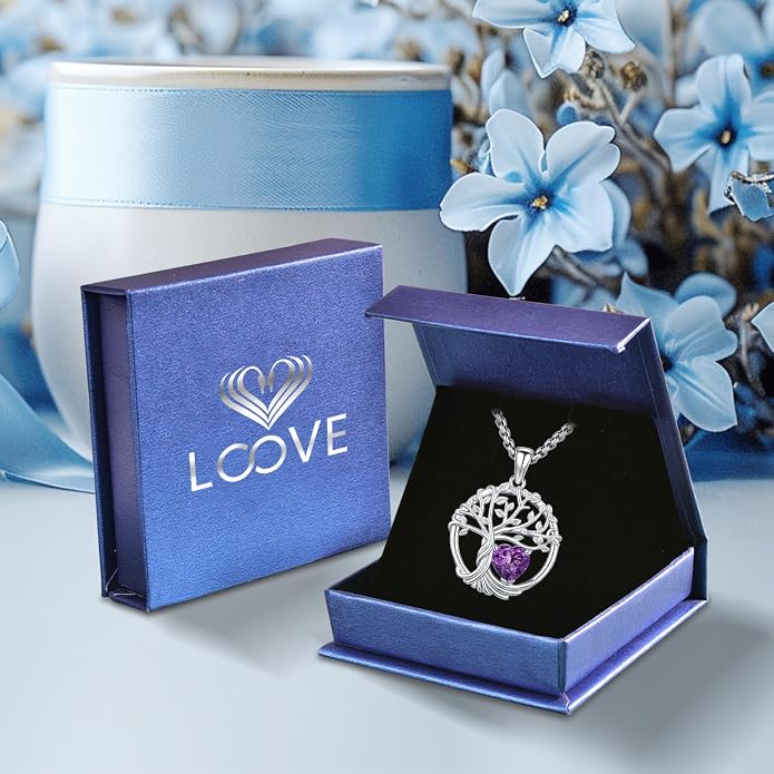 Birthstone Tree of Life Necklace for Women Heart Crystal Pendant Silver Plated Birthday Anniversary Jewelry for Wife, Mom, and Her