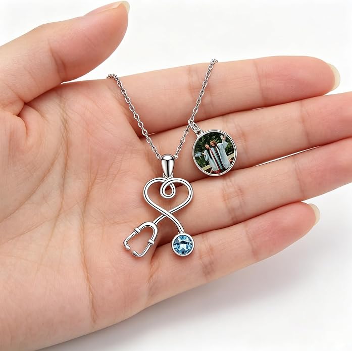 AOBOCO Stethoscope Necklace 925 Sterling Silver Embellished with 12 Months Birthstone Crystals from Austria, Graduation Gifts Medical Jewelry for Doctor Nurse Medical Student RN
