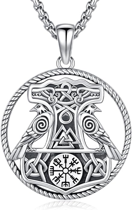 Viking Necklace Pendant for Men Women,925 Sterling Silver Gold Mjolnir Thors Hammer Celtic Cross Necklace Wolf Odin Raven Freya Goddess Norse Pagan Compass Vegvisir Yggdrasil Nordic Viking Jewelry Gifts
