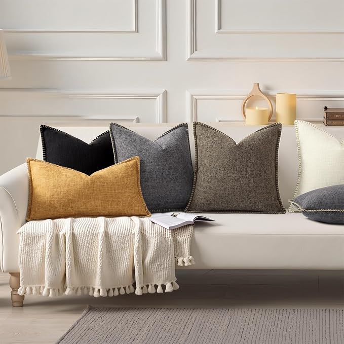 decorUhome Chocolate Faux Linen Outdoor Throw Pillow Covers 16x16 Set of 2 | Fall Decorative Textured Neutral Modern Farmhouse Pillow Covers with Stitched Edge for Couch Sofa Bed Living Room
