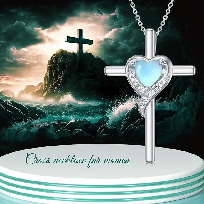 TOUPOP Birthstone Cross Necklace for Women 925 Sterling Silver Heart Cross Pendant Necklace Mothers Day Birthday Jewelry Gifts for Mom Wife Her