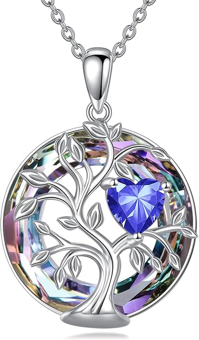Tree Of Life Birthstone Necklace 925 Sterling Silver Crystal Family Tree Pendant Necklaces Heart Birthstone Jewelry For Women Female Anniversary Birthday Gifts