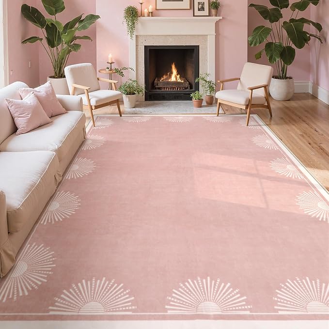 Hedlive Modern Pink 8x10 Rug for Living Room,Ultra Thin Washable Bedroom Rug 8x10 Under Bed, Non Slip Sun Print Large Rugs, Non Shedding Throw Carpet for Girls Room Nursery Dorm(8'x10',Pink)