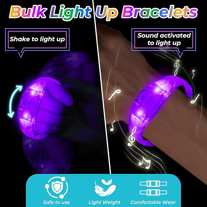 24 Pack Light UP Bracelets Sound Activated Flashing Wristbands Music Control Glow in the Dark Bracelets for Rave Game Prizes Carnival Concerts Night Events Mardi Gras Party Favors
