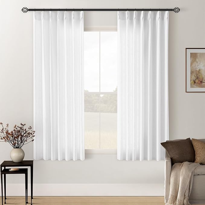TWODRAPES Snow White Pinch Pleated Linen Curtains 63 Inch Length 2 Panels | for Dining Living Room Bedroom Window, Memory Shape Trained, 400GSM Fabric, Semi Sheer, Pinch Pleat with Hooks Rings 40x63