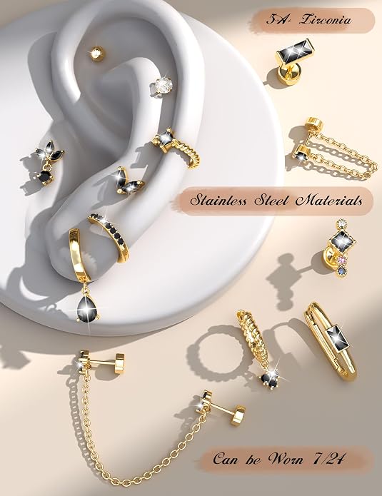 ORAZIO 20G Helix Piercing Jewelry Flat Back Cartilage Earrings for Women Surgical Stainless Steel Hypoallergenic Hoop Stud Earrings Set Tragus Helix Piercing Jewelry for Sensitive Ears Single Pc