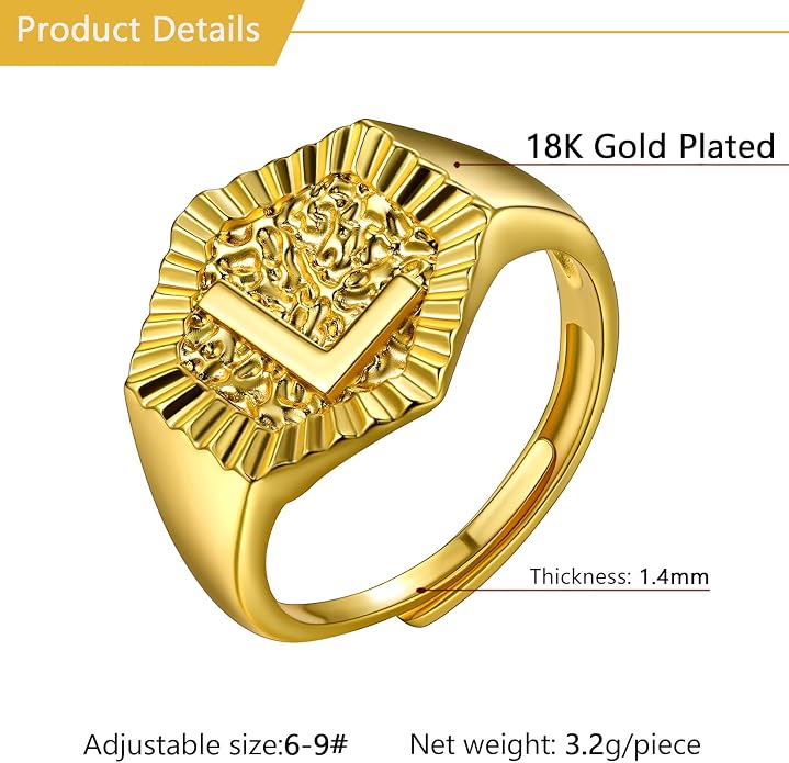 U7 Initial Ring Wedding Band for Men Women 18K Gold Plated Statement Hexagon A-Z Letter Jewelry Personalized Stackable Signet Rings