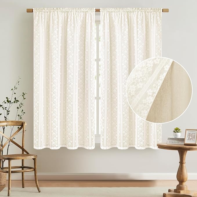 ASPMIZ Linen Curtains for Bedroom, Double Layered Boho Curtain 63 Inch Length 2 Panels Set, Rod Pocket Curtains & Drapes with Tiebacks, Light Filtering Drapes for Living Room 52 x 63 Inch, Beige