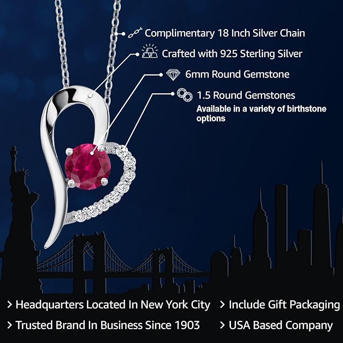 Gem Stone King Heart Shape Pendant Necklace For Women | 925 Sterling Silver | 6MM Round Gemstone Birthstone | Heart Necklace For Women | With 18 Inch Silver Chain