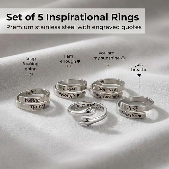 Stainless Steel Hope Rings Set Hug Ring Just Breathe Ring Inspirational Adjustable Ring for Women Gift for Her Birthday Christmas