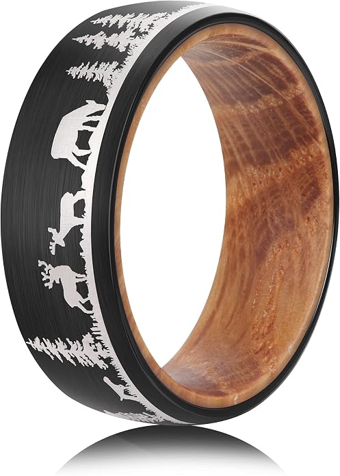 Forest Rings for Men 8 mm Black Plated Wedding Band with Wood Liner Comfort Fit