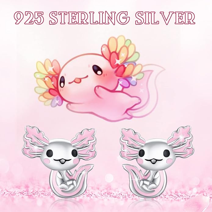 925 Sterling Silver Axolotl Earrings White Gold/Rose Gold Axolotl Jewelry for Women Girls Pink/Blue Axolotl Gifts