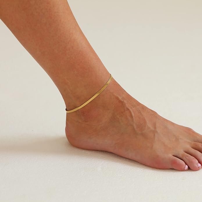 Dainty Ankle Bracelets for Women 18K Gold Plated Satellite Beaded Herringbone Lip Chain Anklets Simple Minimalist Summer Beach Foot Jewelry Christmas Gifts