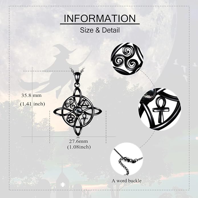 YAFEINI Sterling Silver Witches Knot Pendant Necklace - Celtic Cross Witch Jewelry Amulet Gifts for Women