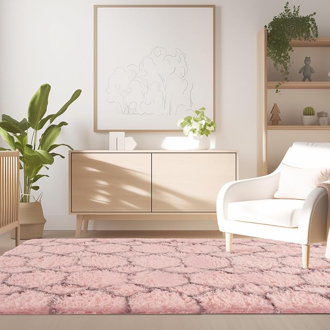 Fluffy Rug for Bedroom, Soft 4x6 Pink Shag Plush Geometric Area Rugs | Modern Pink and Grey Rug, Non Slip Carpet for Living Room, Aesthetic Home Decor, Fuzzy Floor Mat for Nursery Teen Dorm