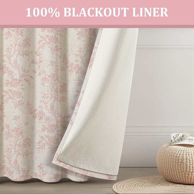 Pink Floral 100% Blackout Curtains for Bedroom 84 Inch Length 2 Panels Set, Linen Texture Farmhouse Curtains for Living Room