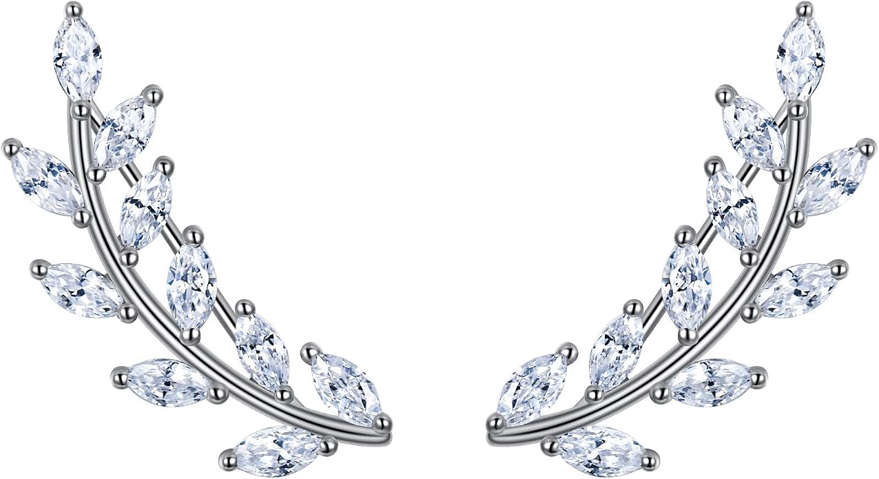 EVER FAITH Marquise Leaf Ear Cuff Wire Wrap Sweep Pins Climber Earrings 925 Sterling Silver Clear Cubic Zirconia