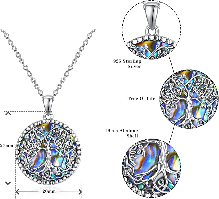 Tree of Life Necklace for Women – Sterling Silver Nature-Inspired Dainty Round Pendant, Green Abalone Shell Inlaid - Spiritual Jewelry Gift