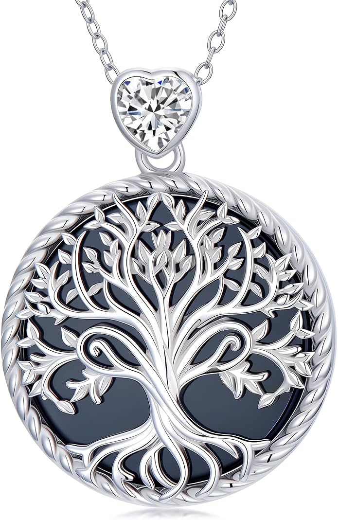 Tree of Life Moissanite Necklace, 925 Sterling Silver 0.5 Carat Moissanite Abalone Shell/Opal/Black Onyx/Turquoise/Malachite/Tiger Eye Stone Tree of Life Pendant Necklaces Jewelry Gift for Women Mom