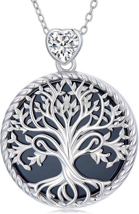 Tree of Life Moissanite Necklace, 925 Sterling Silver 0.5 Carat Moissanite Abalone Shell/Opal/Black Onyx/Turquoise/Malachite/Tiger Eye Stone Tree of Life Pendant Necklaces Jewelry Gift for Women Mom