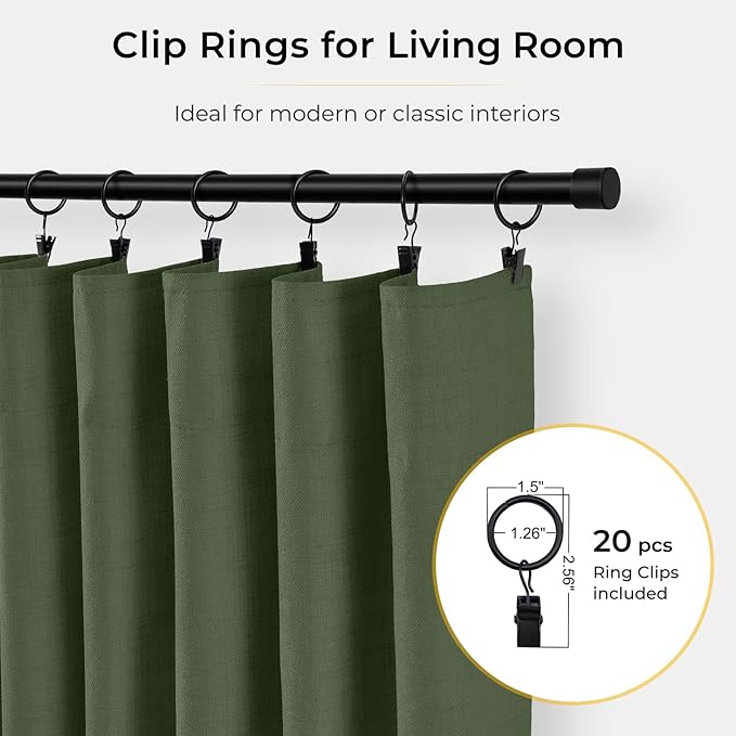 INOVADAY 100% Blackout Curtains for Bedroom, Olive Green Black Out Curtains 96 Inch Long, Clip Rings Linen Blackout Drapes, Thermal Insulated Room Darkening for Living Room, 2 Panels - W50xL96