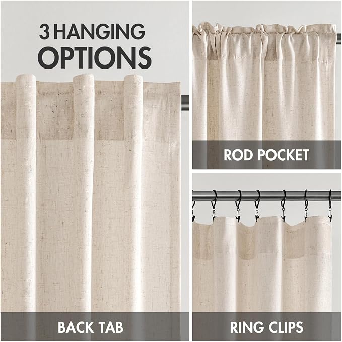 MIULEE Non-See-Through Privacy Linen Curtains 52W x 96L Inch Birch | 2 Panels, Light Filtering, Semi Sheer Window Curtains, Farmhouse Textured, Back Tab Drapes for Bedroom Living Room