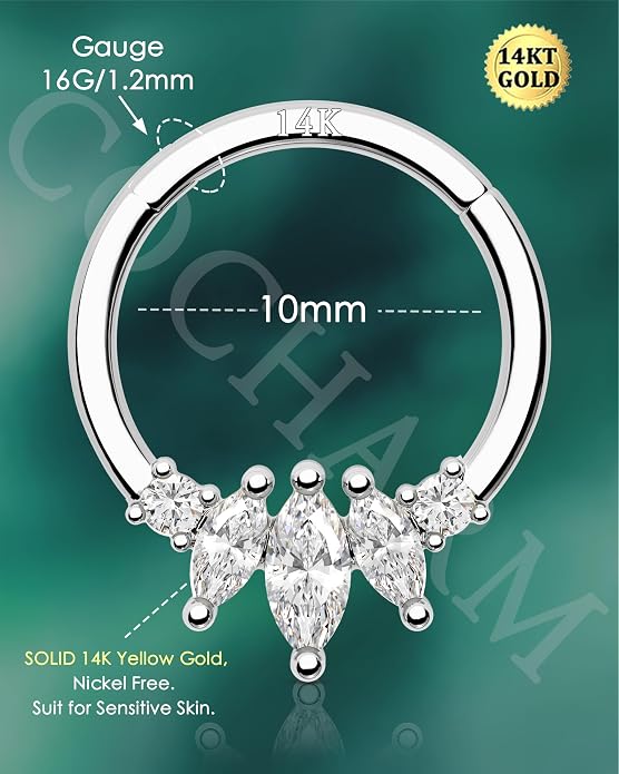 COCHARM 14K Gold Septum Rings 14K Yellow Gold Septum Piercing Jewelry 16g Septum Clicker 14kt Real Gold Daith Earrings Solid Gold Daith Piercing Hoop Daith Jewelry for Women Men