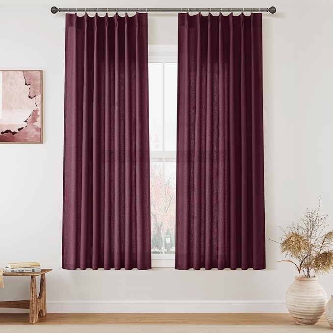 Aersas Burgundy Pinch Pleated Linen Curtains 63 Inch Length 2 Panels for Living Room Bedroom Semi Sheer Window Curtain Boho Neutral Back Tab Pinch Pleat Drape with Hooks 40x63