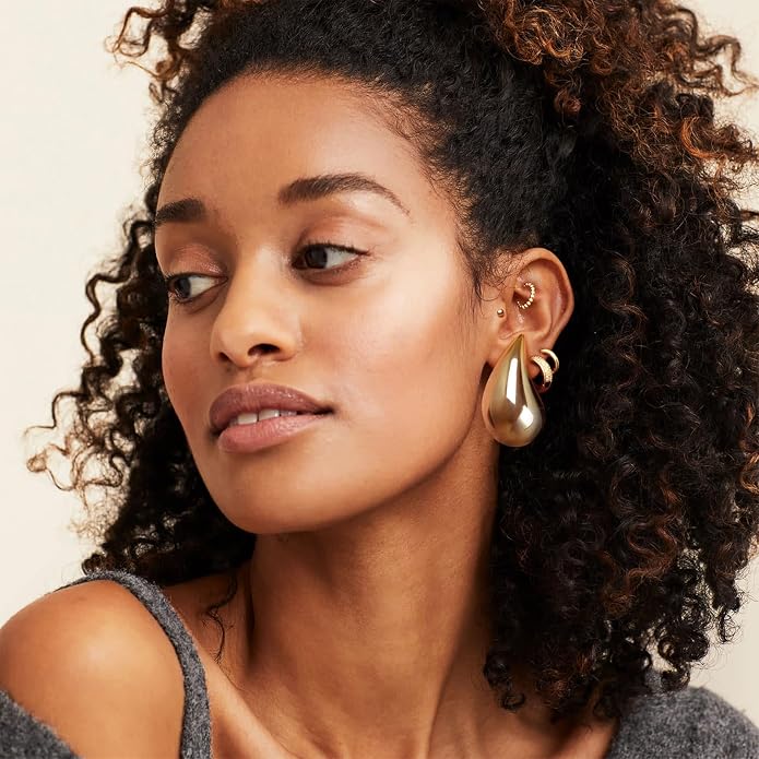 Gold Drop Clip On Earrings Dupes Teardrop Chunky Non Pierced Earring 14K Real Gold Plated Hypoallergenic Lightweight Earrings for Women（Gold and Silver）