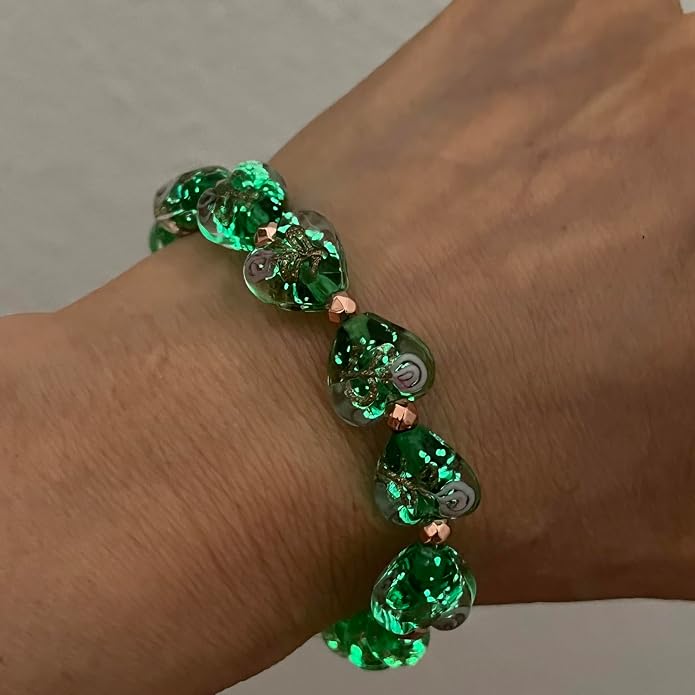 ARTSY Crafts Glow in the Dark Heart Shaped Glass Bead Bracelets & Necklaces, Handmade in USA