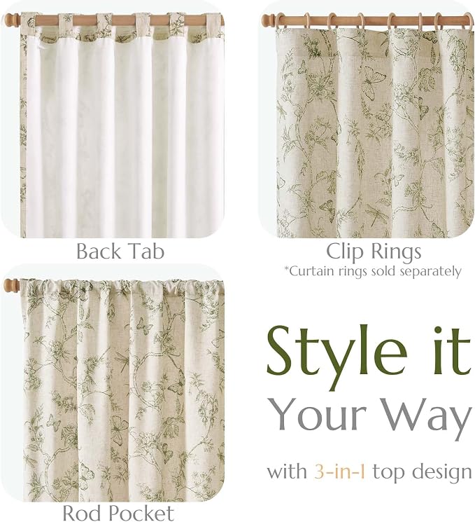 jinchan Green Floral Linen Curtains Lined 96 Inch Vintage Back Tab 2 Panels | Privacy lining, light filtering drapes, cottagecore, french country, farmhouse, bedroom, living room, window treatment