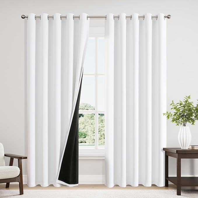ChrisDowa White 100% Blackout Curtains for Bedroom 84 Inches Long 2 Panels | 2 Thick Layers, Thermal Insulated, Grommet, Window Treatment, Living Room Drapes with Black Liner, Pure White, 60 x 84 Inch