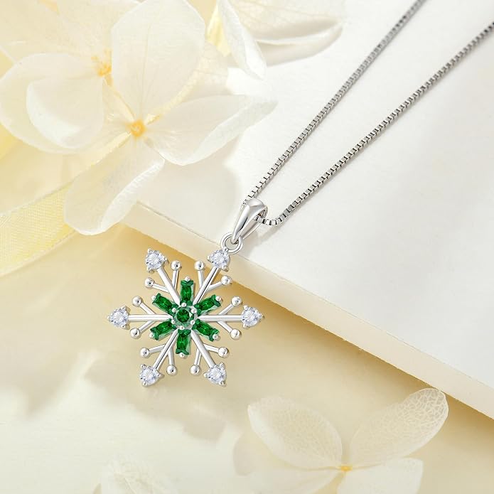 925 Sterling Silver Snowflake Necklace Birthstone Snowflake Pendant Necklaces for Women Cubic Zirconia Christmas Jewelry
