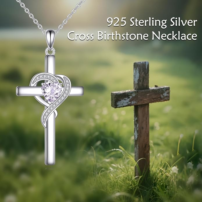 Cross Necklace for Women 925 Sterling Silver Infinity Love Heart Birthstone Pendant Necklace Cross Birthday Jewelry Gifts for Her