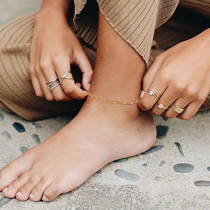 14K Gold Anklets for Women Gold Ankle Bracelets for Women Refined Dual-Chain Structure Womens Chain Anklet 11(9+2) Inches