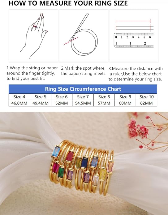 RLMOON Birthstone Rings for Women Non Tarnish Gold Stackable Rings Dainty 14K Gold/Silver Plated Baguette CZ Emerald Green Pinky Ring Personalized Jewelry Gift for Birthday Size 4-10