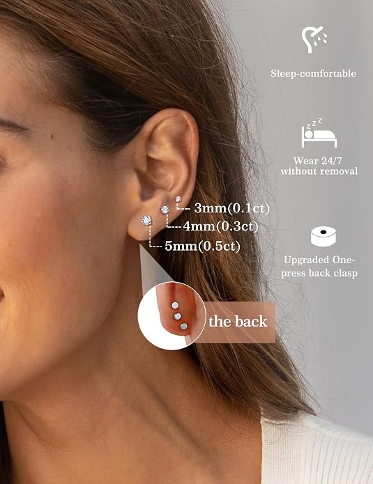3 Pairs Moissanite Flatback Stud Earrings for Women, 925 Sterling Silver Hypoallergenic Flat Back Cartilage Earrings Set, 18K White Gold Plated