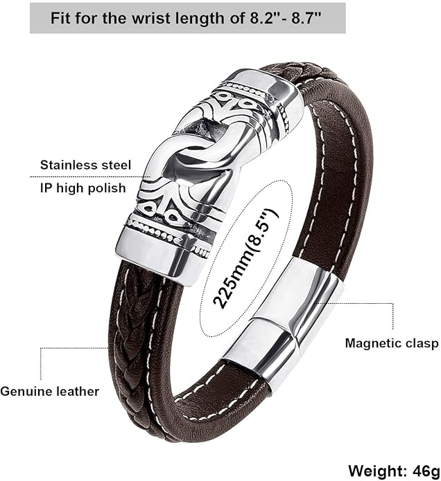 Mens Leather Bracelet,Braided Leather Wristband Cuff Bracelets Stainless Steel Clasp,Jewellery Gift for Men