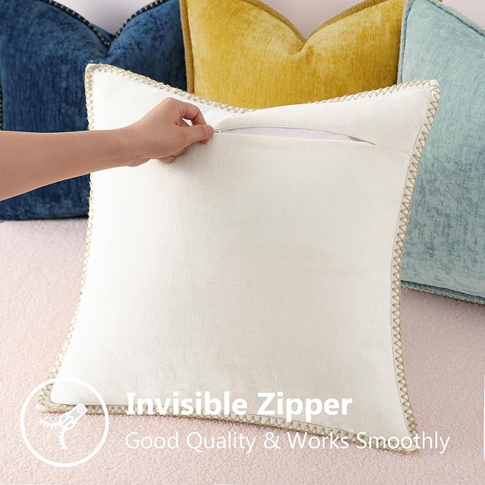 decorUhome Fall Soft Decorative Chenille Throw Pillow Covers 18x18 Set of 4 | Aqua Blue Cozy Decorative Modern Farmhouse Neutral Pillow Cases with Stitched Edge for Couch Sofa Bed Living Room Home Decor