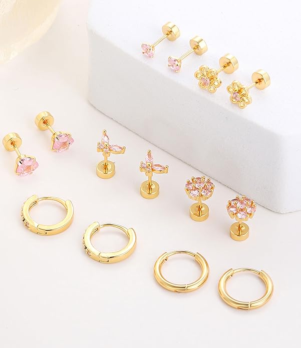 AKEOQI 10 Pairs Hypoallergenic Flat Back Earrings Gold Silver Plated Surgical Steel Small Stud Huggie Hoop Earring for Women Butterfly Flower Heart Bow Pink CZ Stack Cartilage Earrings Set 20G 10 MM