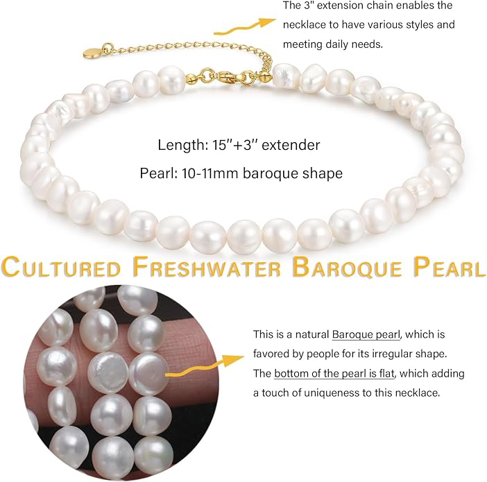 Natural Freshwater Baroque Pearl Necklace 14K Gold Plated Dainty Choker Necklace for Women Girls Snake Chain/Cuban Link/Paperclip/Ball Beaded Chain/Tennis Chain Fashion Jewelry for Gift